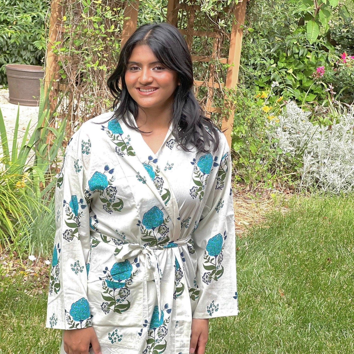 Cotton Kimono Robe: Floral Block Print Beach Cover-Up