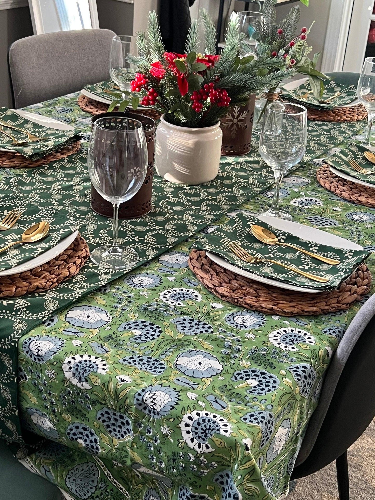 Sage Green Floral Tablecloth: Hand Block Printed Cotton, 60x90