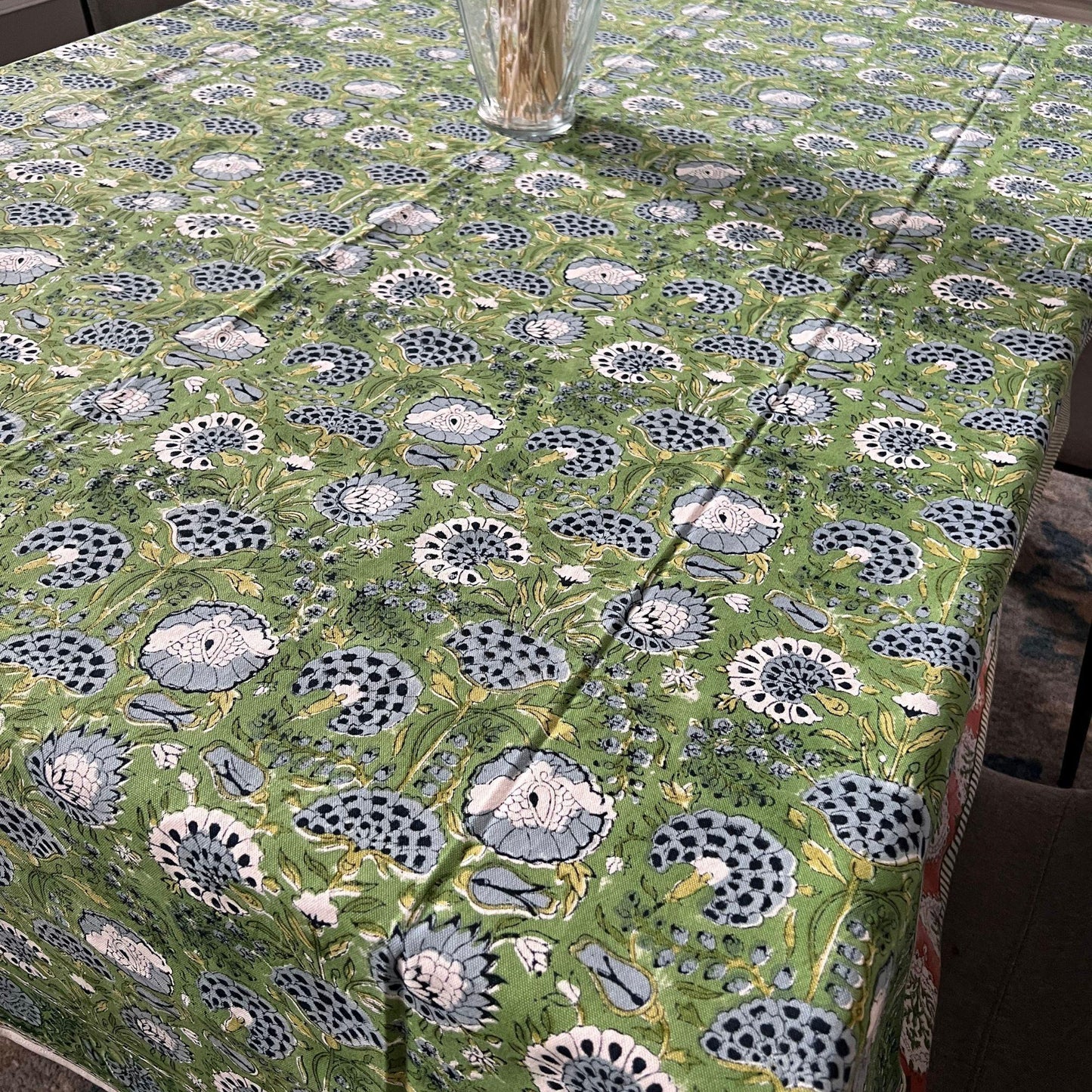 Sage Green Floral Tablecloth: Hand Block Printed Cotton, 60x90
