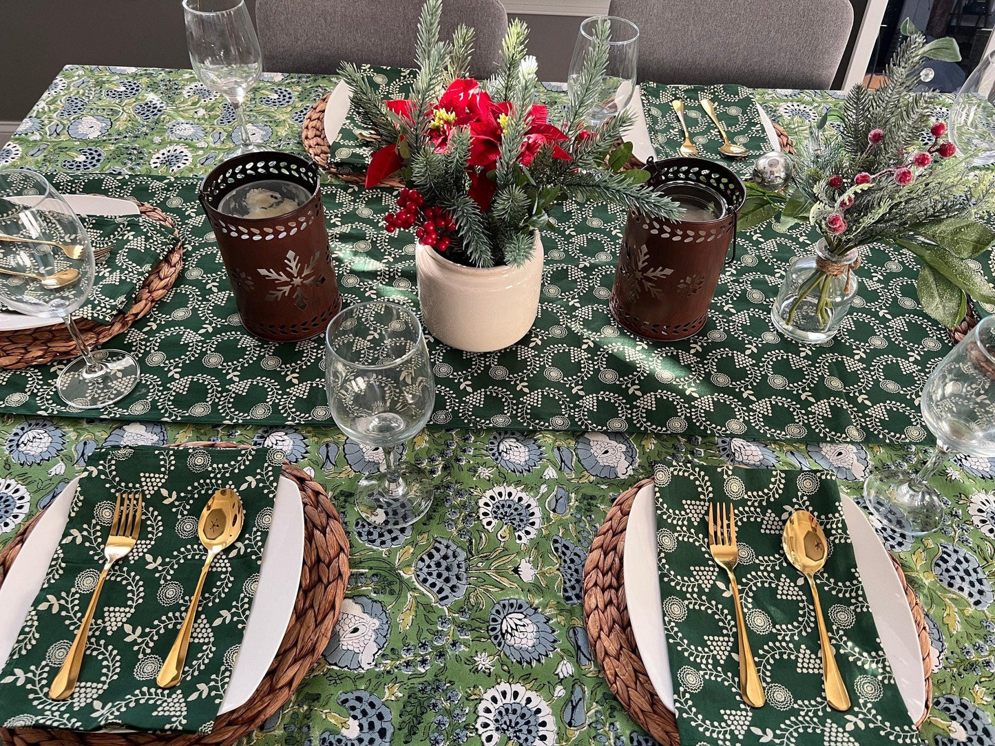 Sage Green Floral Tablecloth: Hand Block Printed Cotton, 60x90