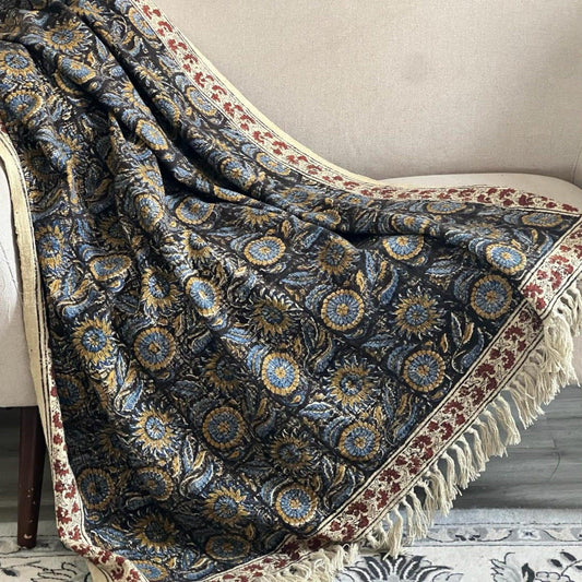 Floral Cotton Throw Blanket: Handmade Block Print, Boho Decor (72" x 52")
