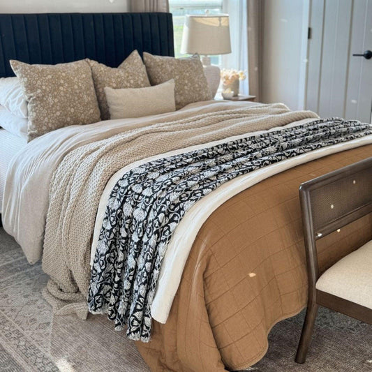 Vintage Block Print Kantha Bedspread, 100% Cotton Boho Throw