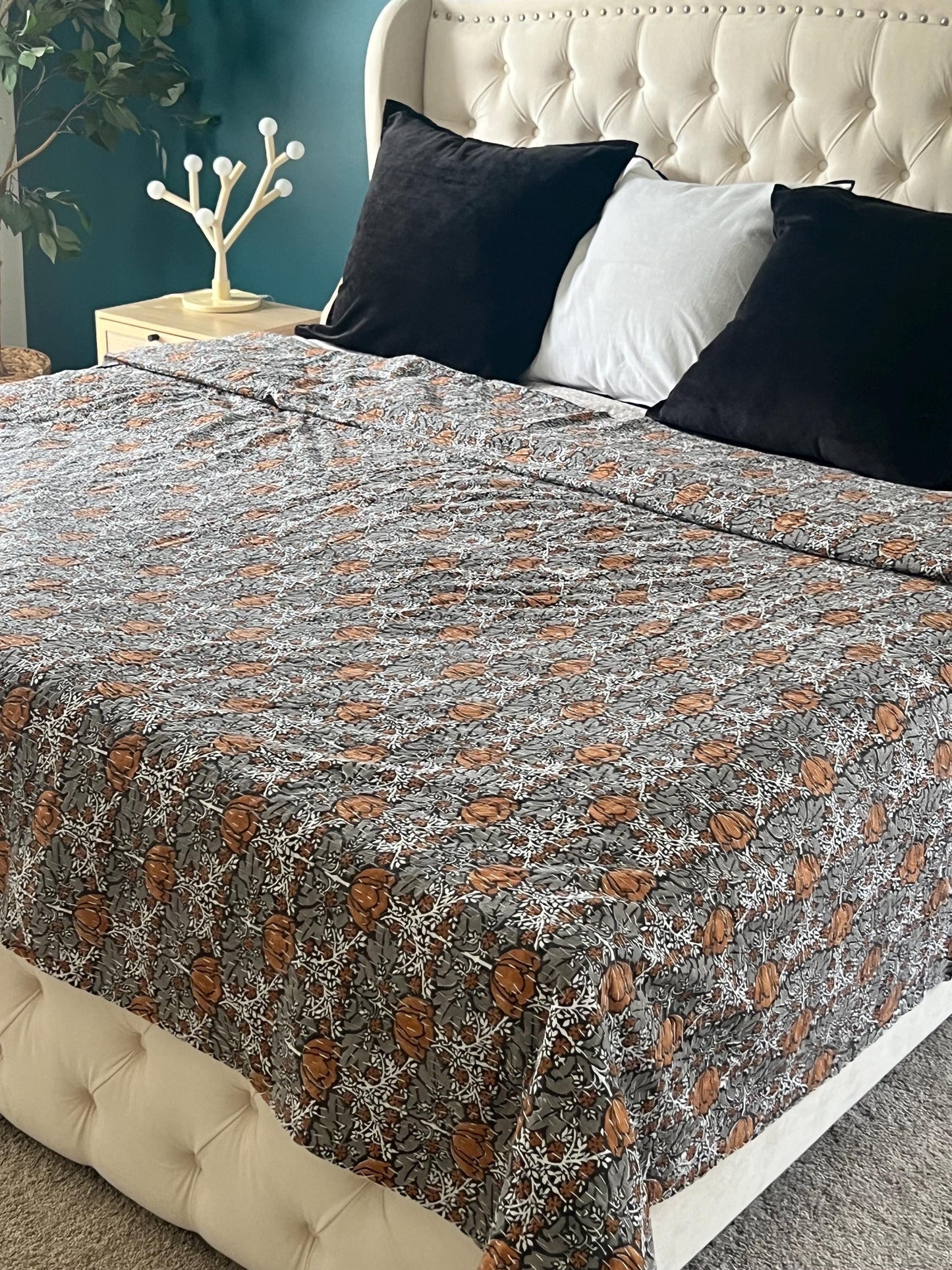 Handmade Brown Floral Kantha Quilt: Queen/King Size Cotton Throw