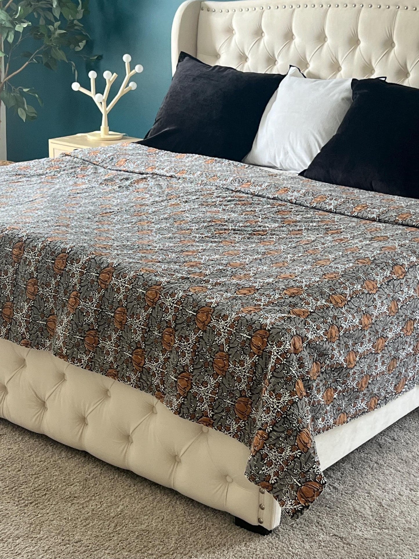 Handmade Brown Floral Kantha Quilt: Queen/King Size Cotton Throw