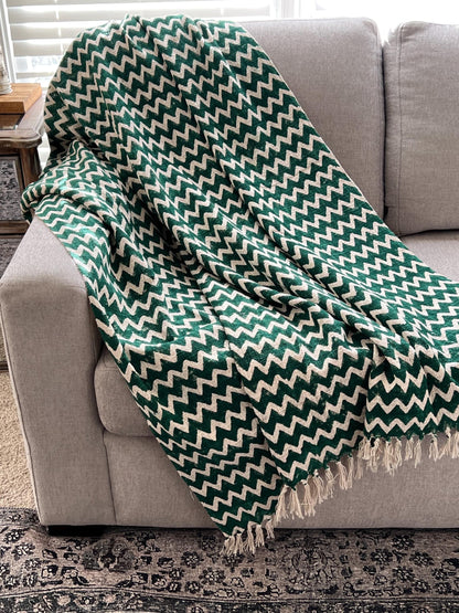 Green Floral Throw Blanket, Indian Cotton Tassel Blanket – Christmas Gift, Home Decor