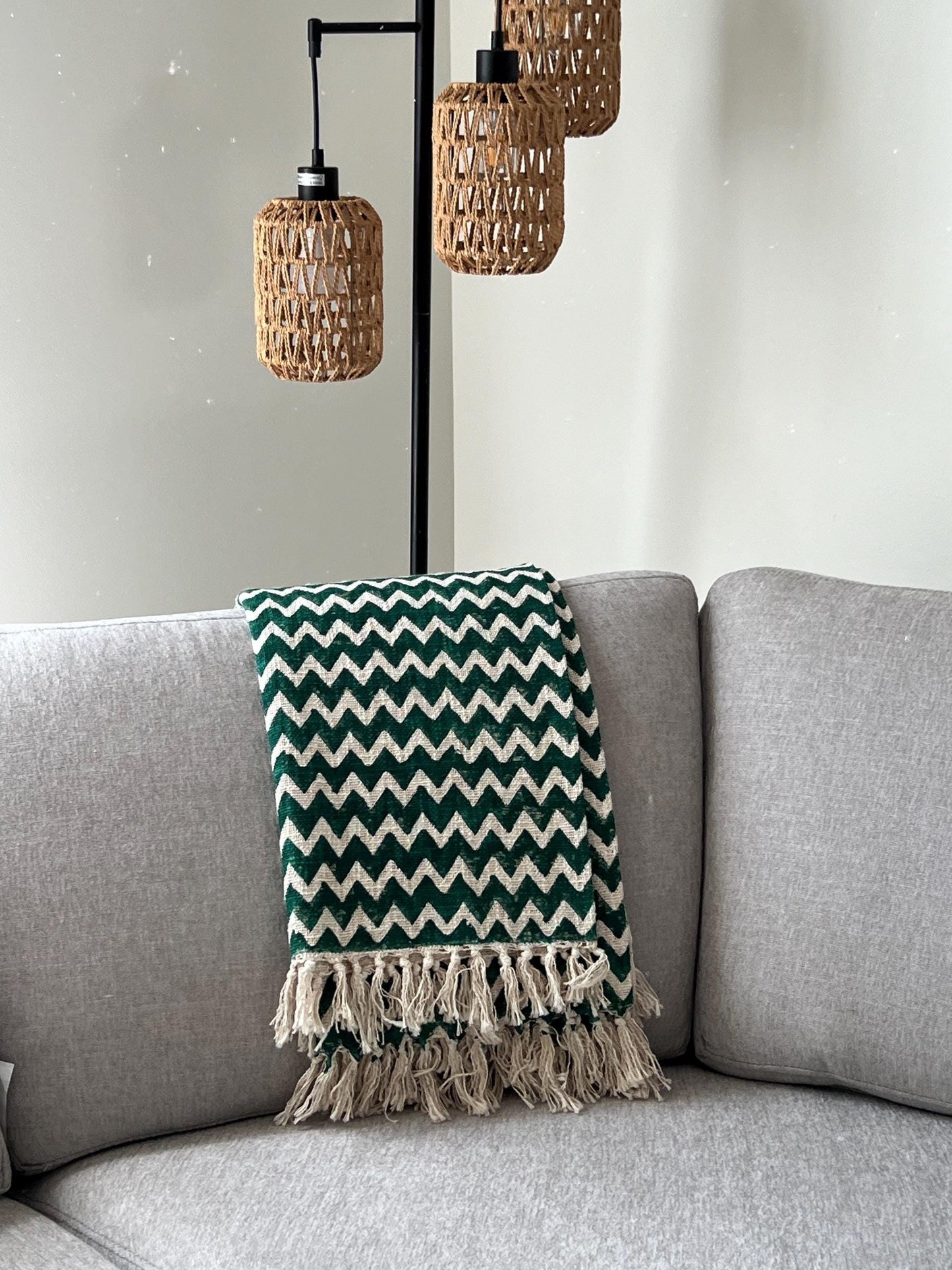 Green Floral Throw Blanket, Indian Cotton Tassel Blanket – Christmas Gift, Home Decor