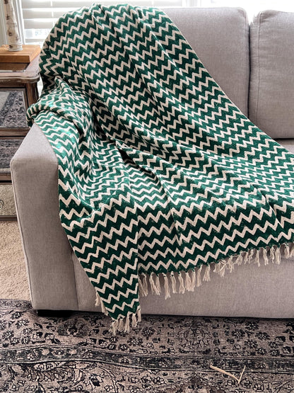 Green Floral Throw Blanket, Indian Cotton Tassel Blanket – Christmas Gift, Home Decor