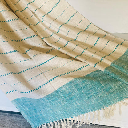 Handmade Cotton Throw Blanket, Teal Blue Striped Woven Blanket, Boho Home Decor