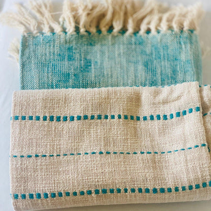 Handmade Cotton Throw Blanket, Teal Blue Striped Woven Blanket, Boho Home Decor