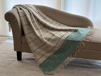 Handmade Cotton Throw Blanket, Teal Blue Striped Woven Blanket, Boho Home Decor