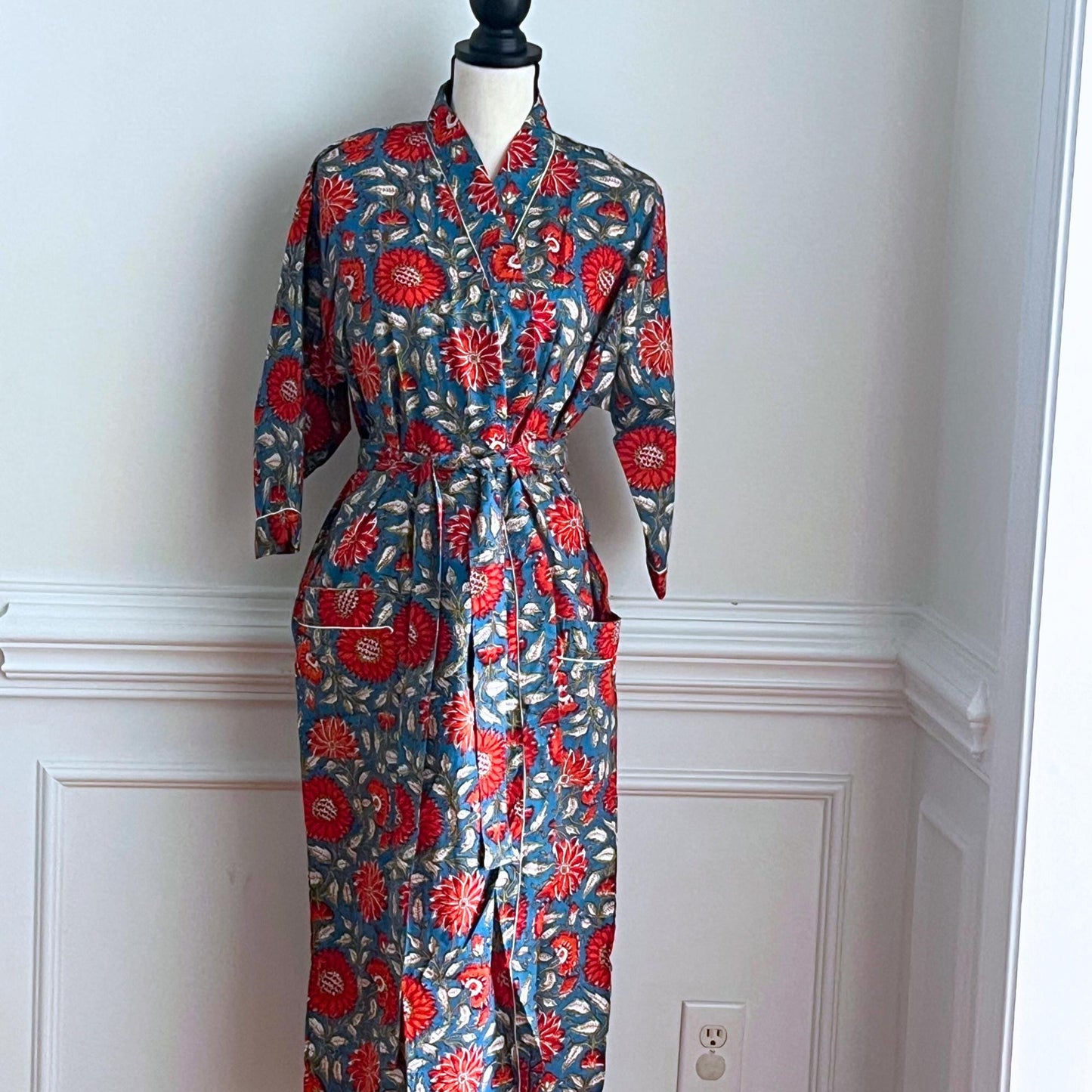 Red Hand Block Print Cotton Kimono Robe, Floral Women's Robe