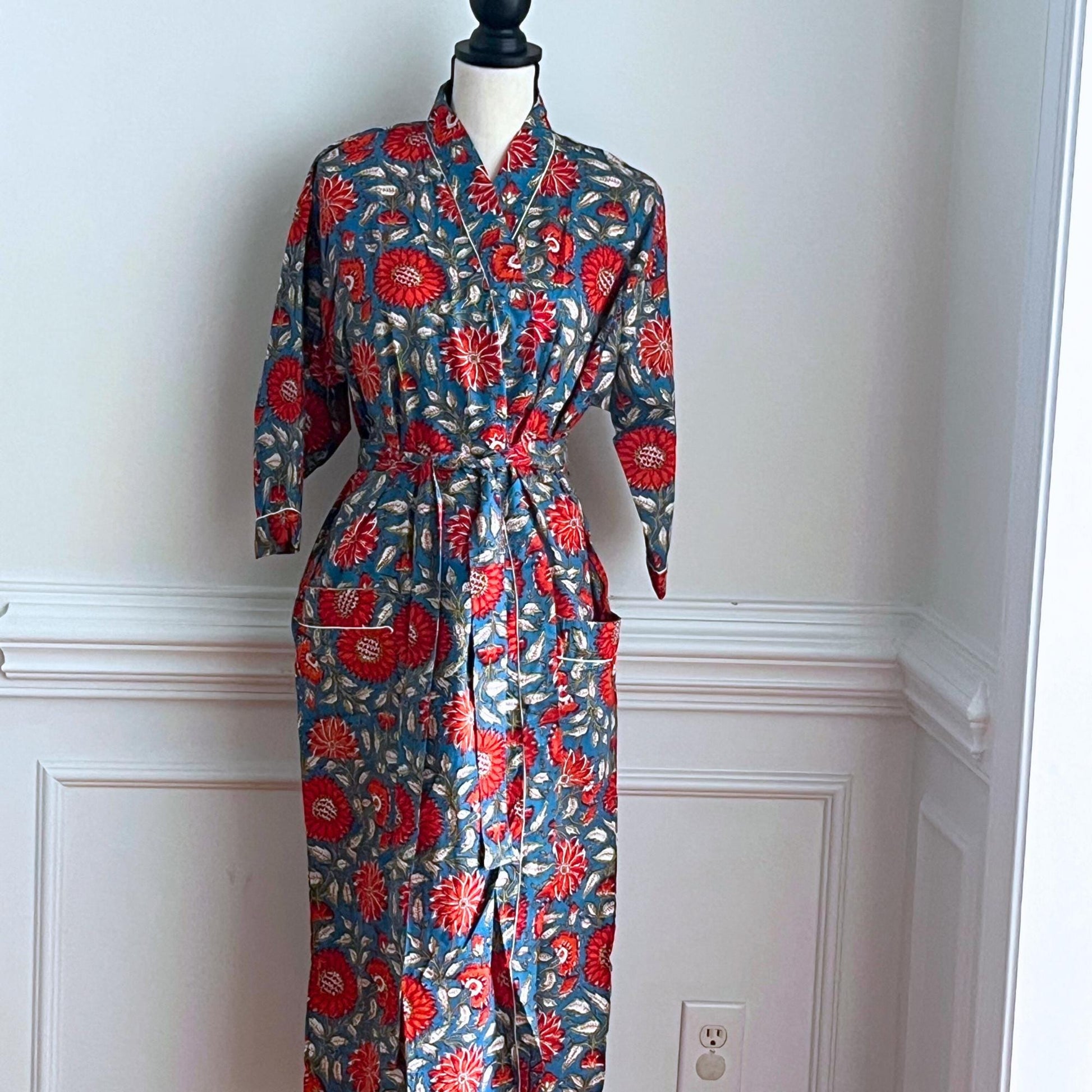Red Hand Block Print Cotton Kimono Robe, Floral Women's Robe