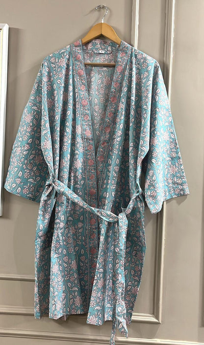 Blue Cotton Kimono Robe, Block Print Boho Dressing Gown