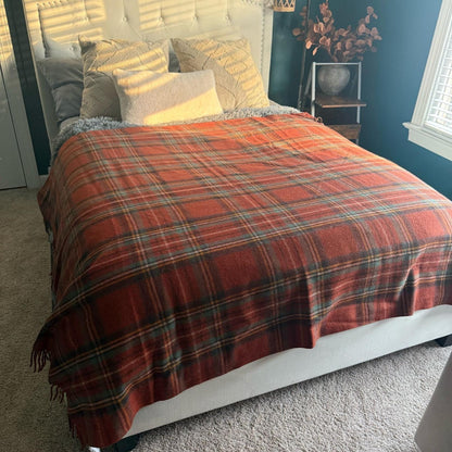 Tartan Plaid Recycled Wool Blanket with Fringe , Cozy Gift