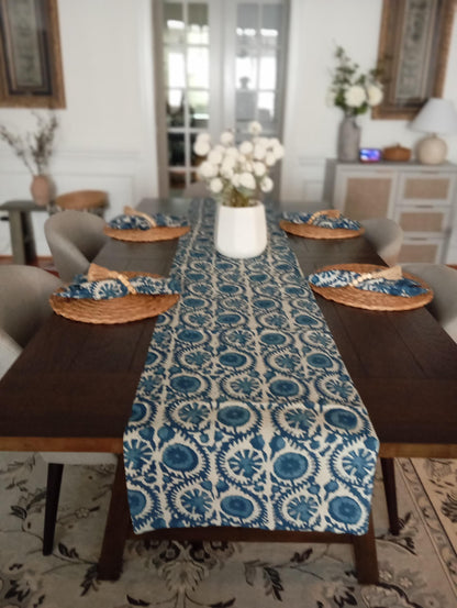 Indigo Floral Hand Block Print Table Runner Set: Farmhouse Decor