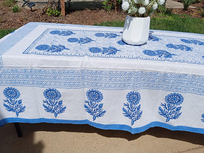 Blue Floral Indian Block Print Tablecloth: Cotton Rectangle Table Cover