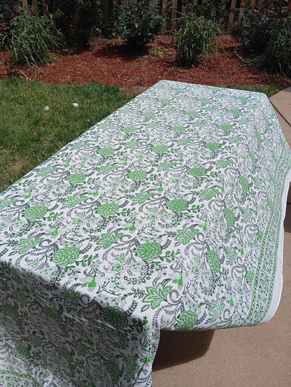 Sage Green Floral Tablecloth, Spring Table scape, Floral Block Print Tablecloth, Cotton Floral Print , Easter Table Decor(60x120")