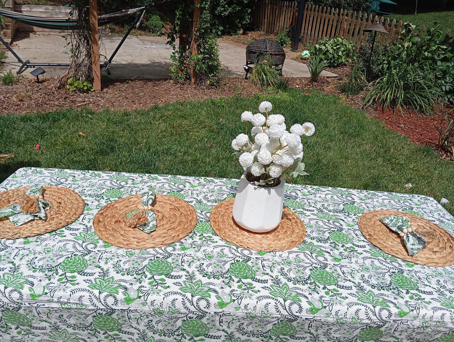 Sage Green Floral Tablecloth, Spring Table scape, Floral Block Print Tablecloth, Cotton Floral Print , Easter Table Decor(60x120")