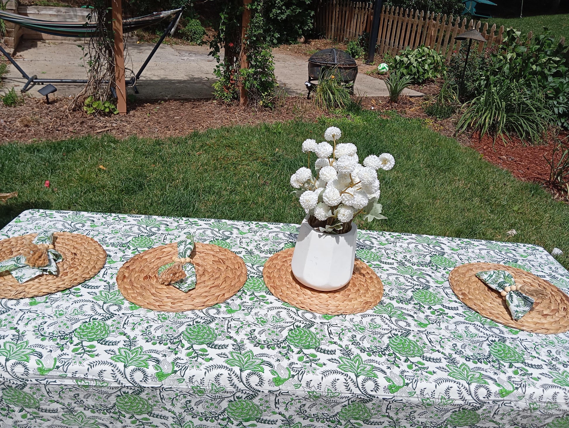 Sage Green Floral Tablecloth, Cotton Block Print, Easter Table Decor (60x120")