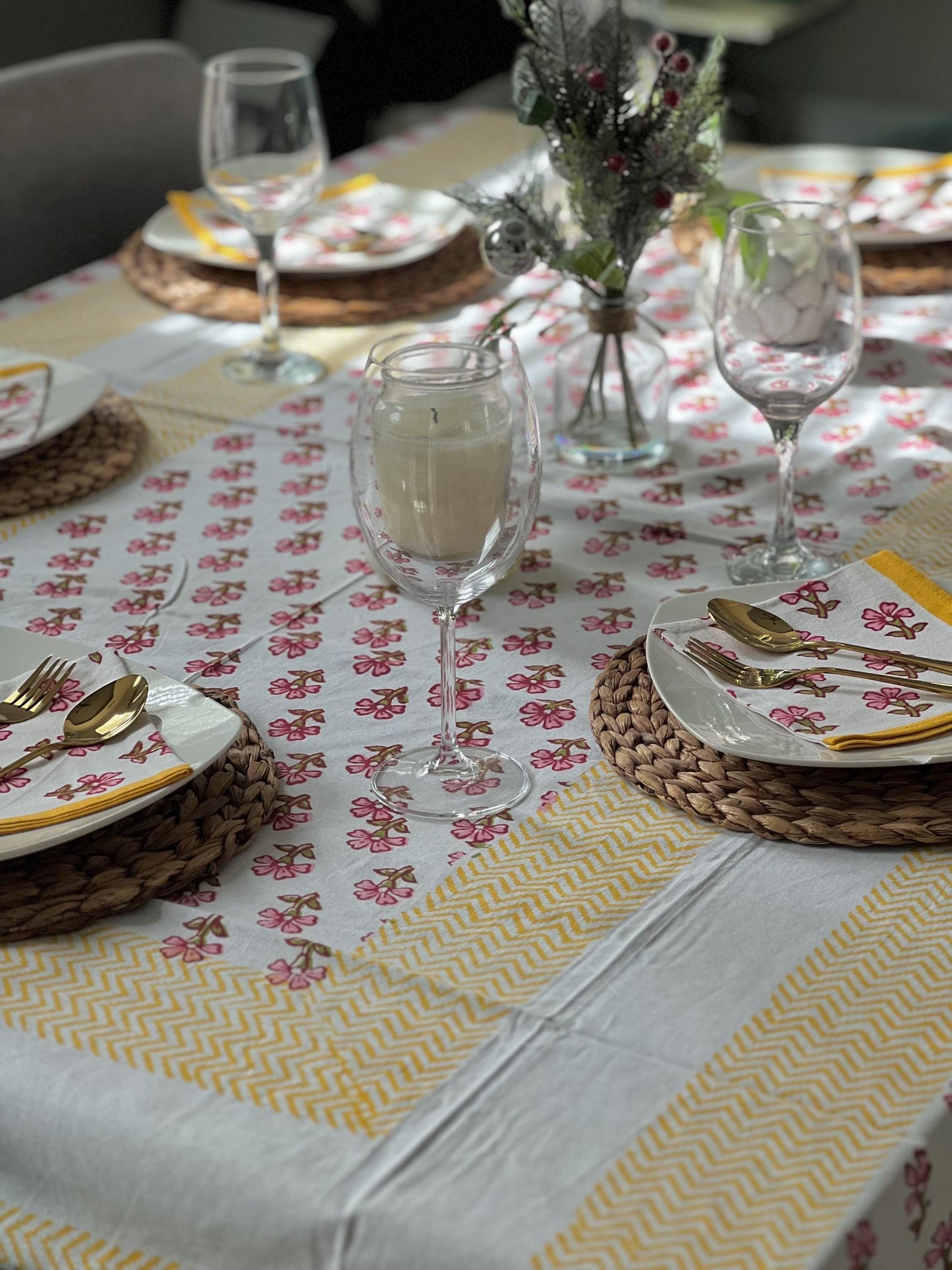 Yellow Floral Block Print Cotton Tablecloth - 60x90 Inches
