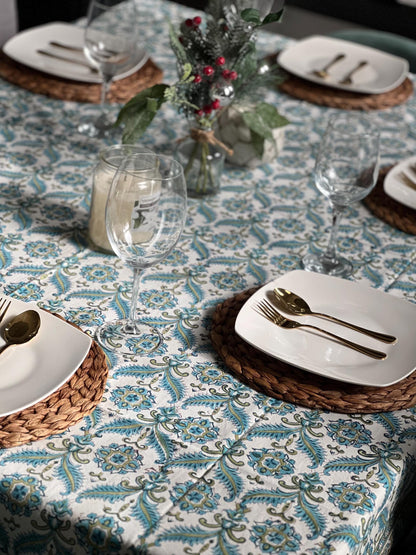 Blue Floral Hand Block Printed Cotton Tablecloth: Indian Decor