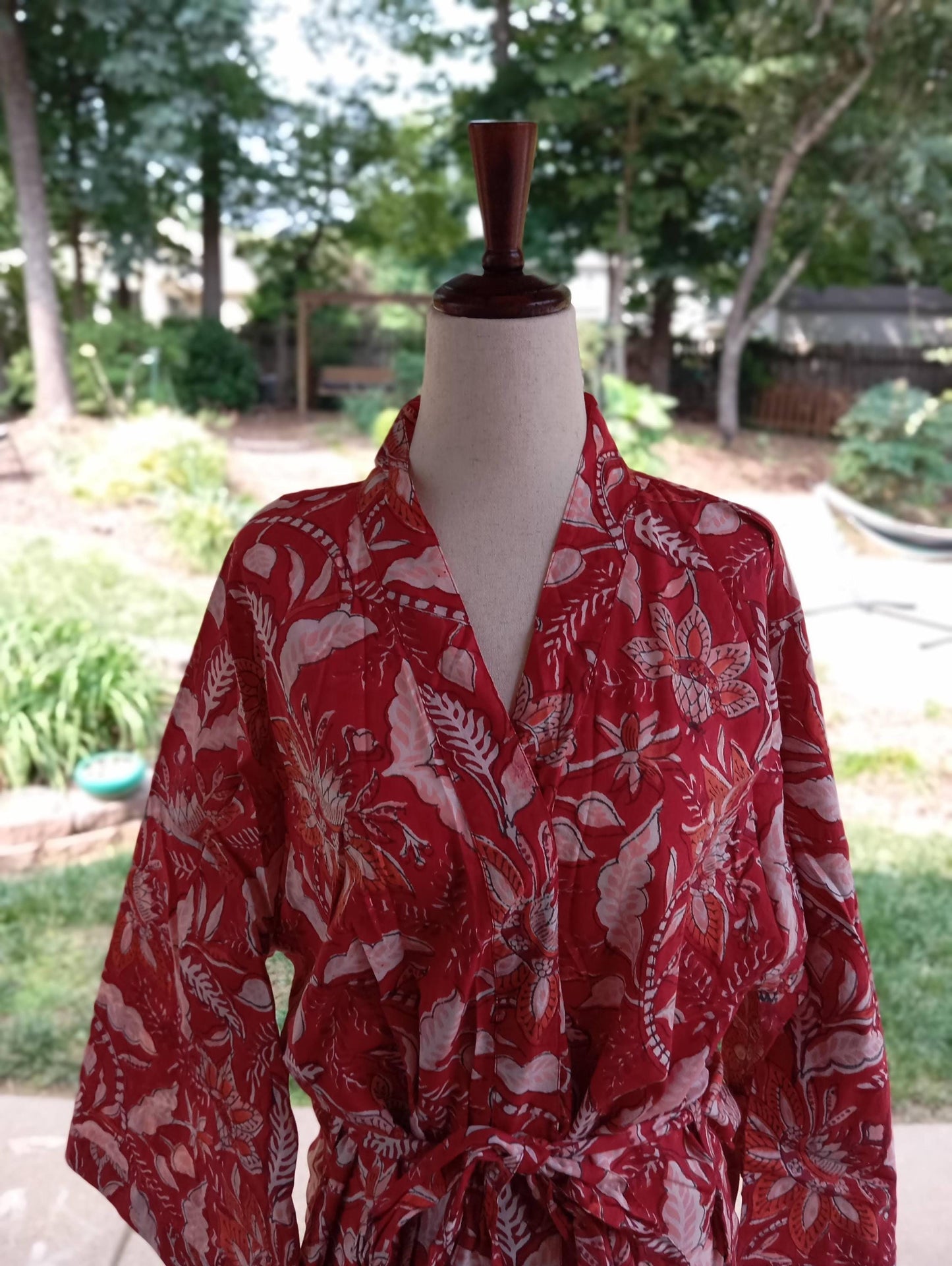 Floral Cotton Kimono Robe: Red & Blue Block Print Beach Cover-Up