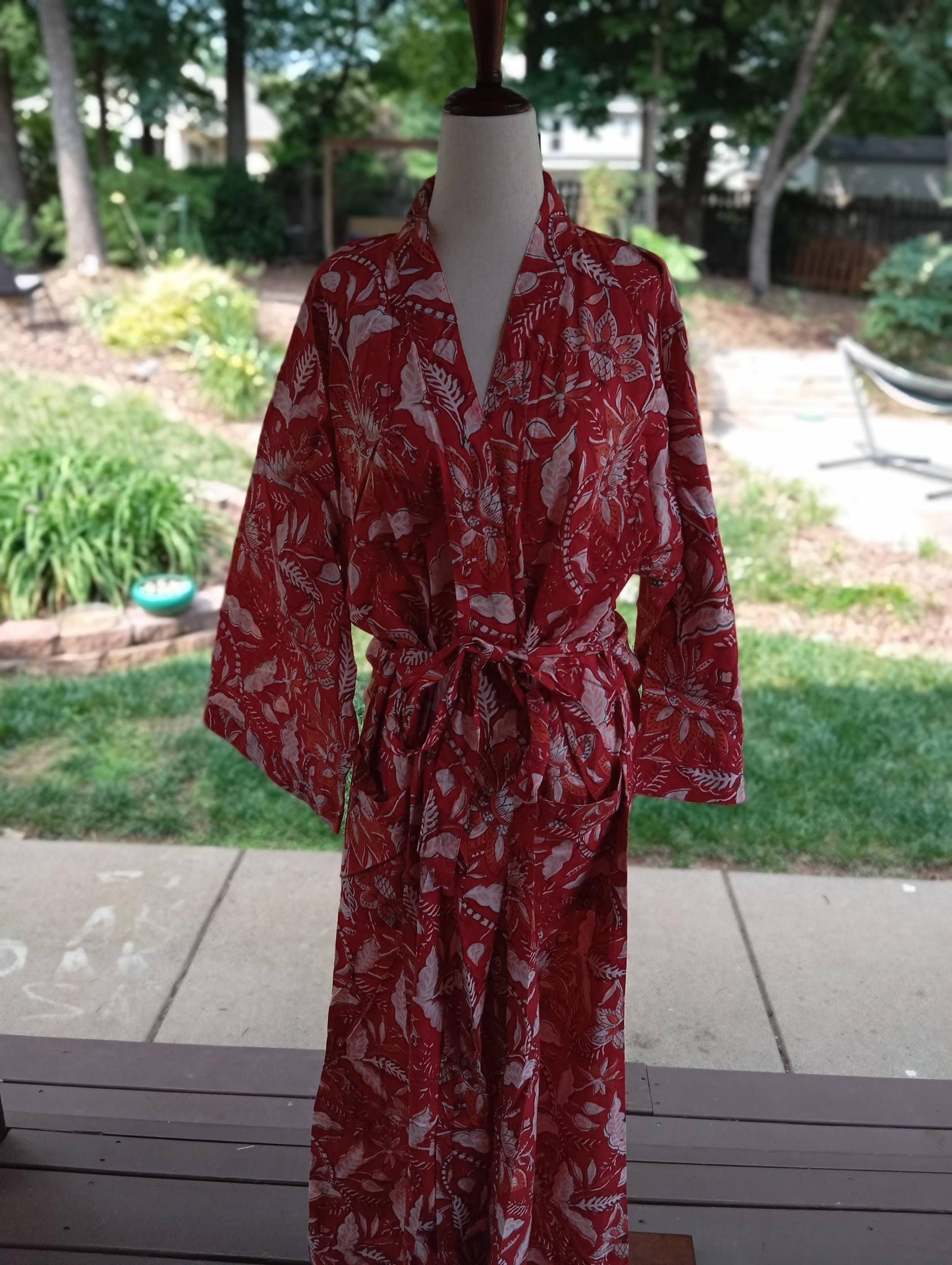Floral Cotton Kimono Robe: Red & Blue Block Print Beach Cover-Up