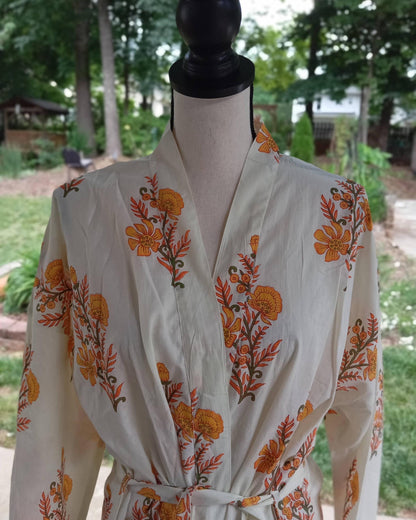 Yellow Floral Hand Block Print Cotton Kimono Robe, Lightweight Beach Cover-Up