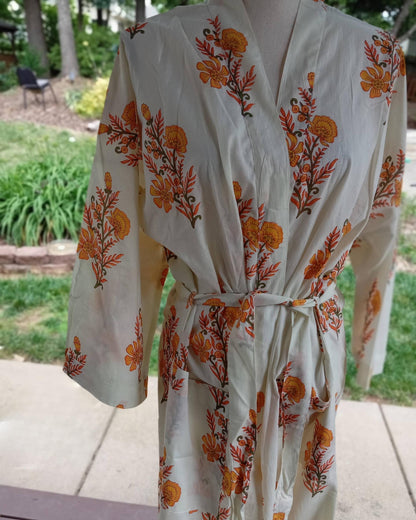Yellow Floral Hand Block Print Cotton Kimono Robe, Lightweight Beach Cover-Up