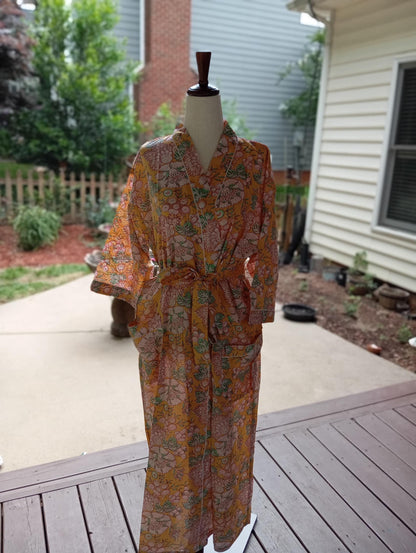 Yellow Floral Hand Block Print Cotton Kimono Robe, Lightweight Beach Cover-Up