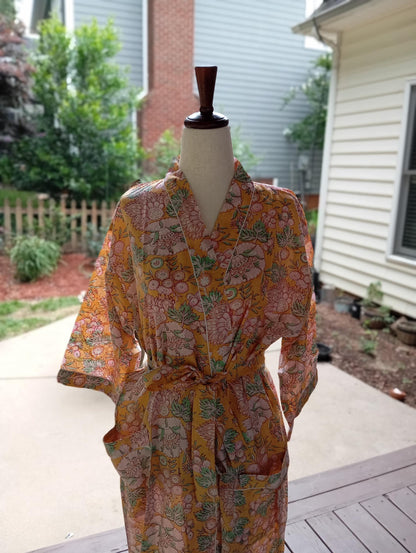 Yellow Floral Hand Block Print Cotton Kimono Robe, Lightweight Beach Cover-Up