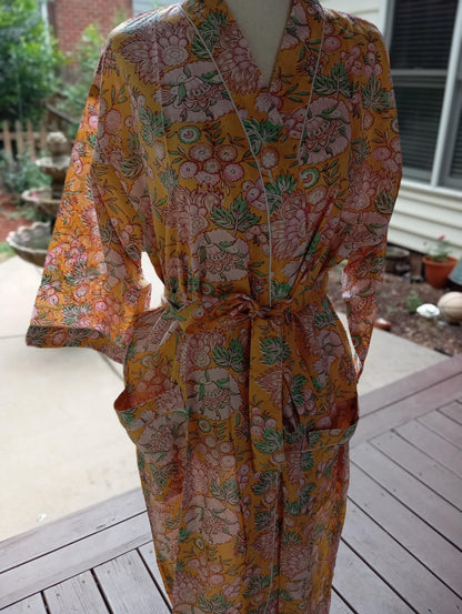 Yellow Floral Hand Block Print Cotton Kimono Robe, Lightweight Beach Cover-Up