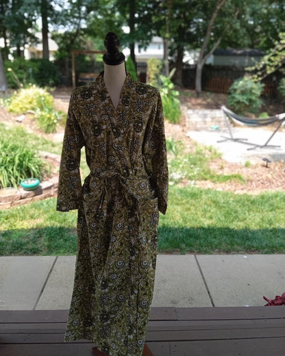 Green Kantha Hand-Block Printed Cotton Kimono Robe, Indian Floral Print