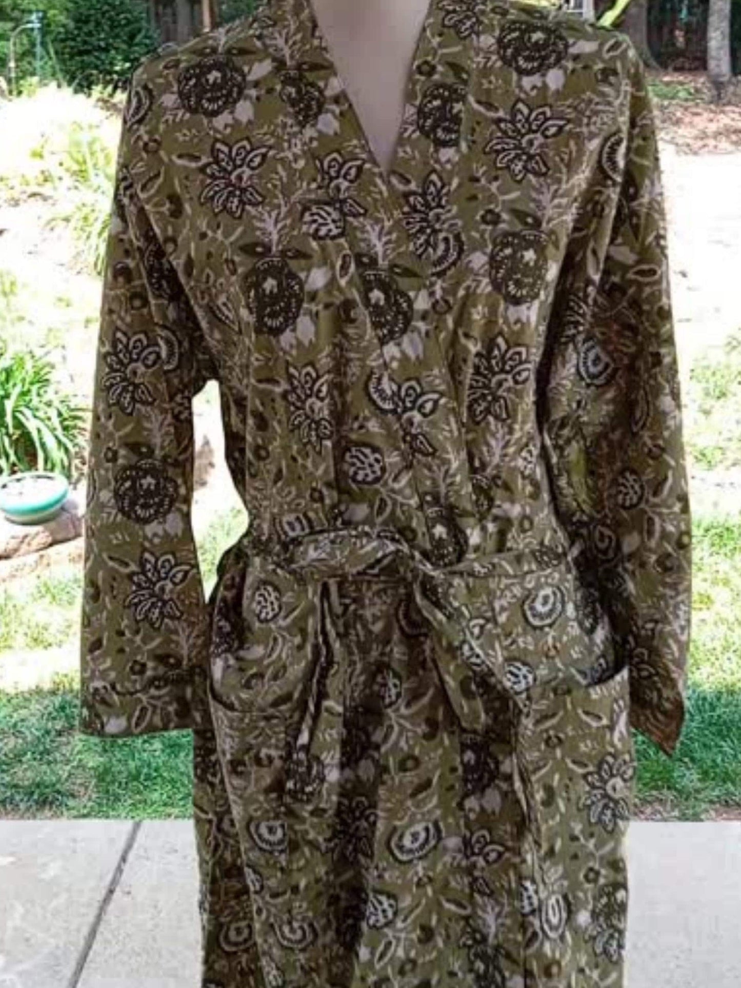 Green Kantha Hand-Block Printed Cotton Kimono Robe, Indian Floral Print
