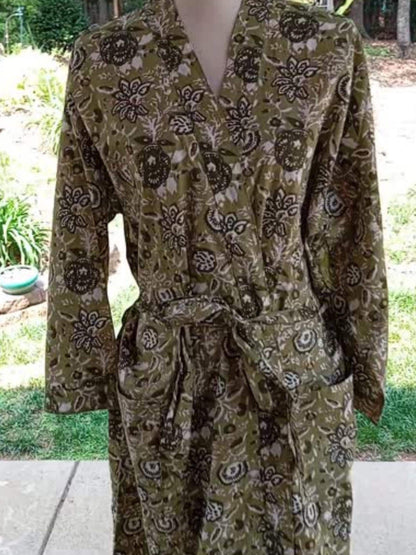 Green Kantha Hand-Block Printed Cotton Kimono Robe, Indian Floral Print