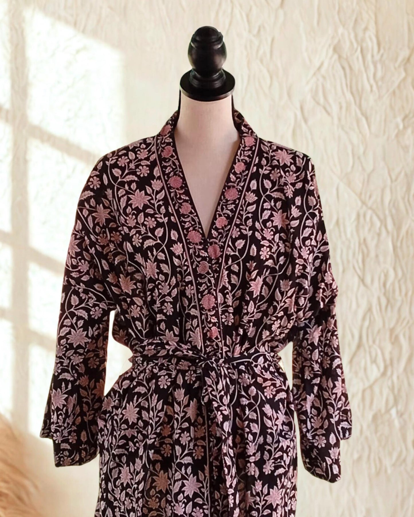 Black Cotton Block Print Kimono Robe, Floral Ankle Length Dressing Gown