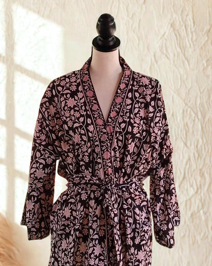 Black Cotton Block Print Kimono Robe, Floral Ankle Length Dressing Gown