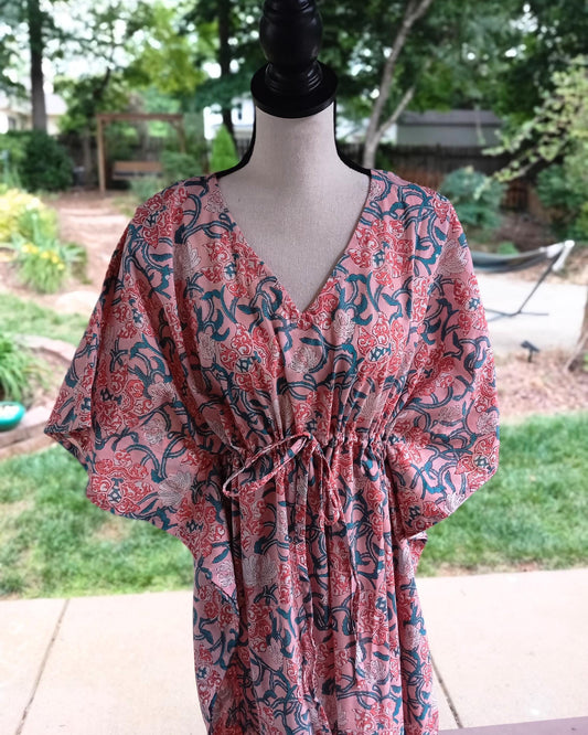 Pink Floral Print Cotton Kaftan: Handmade Summer Cover-Up