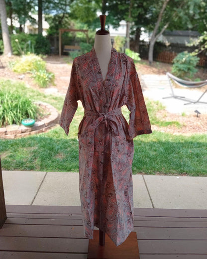 Floral Cotton Robe: Lightweight Block Print Kimono Dressing Gown