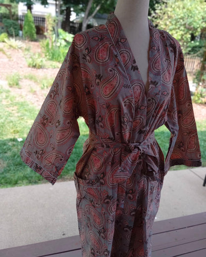 Floral Cotton Robe: Lightweight Block Print Kimono Dressing Gown