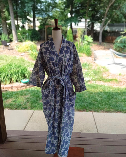 Floral Cotton Robe: Lightweight Block Print Kimono Dressing Gown