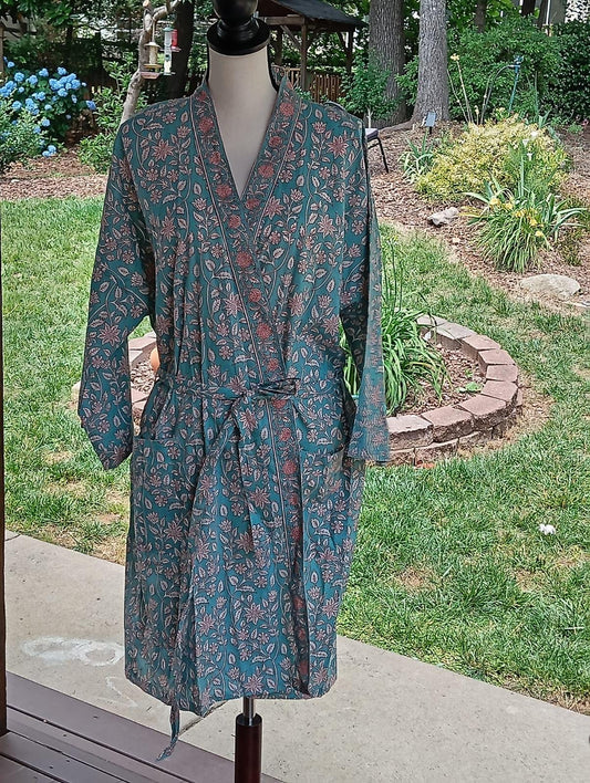Blue Floral Block Print Cotton Kimono Robe: Oriental Kaftan