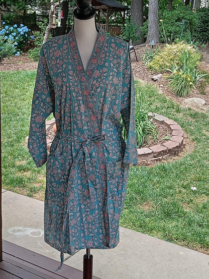 Blue Cotton Kimono Robe, Block Print Boho Dressing Gown