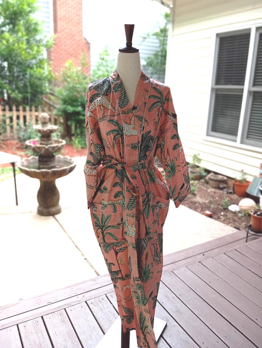 Pink Tiger Floral Cotton Wrap Robe, Lightweight Block Print Dressing Gown