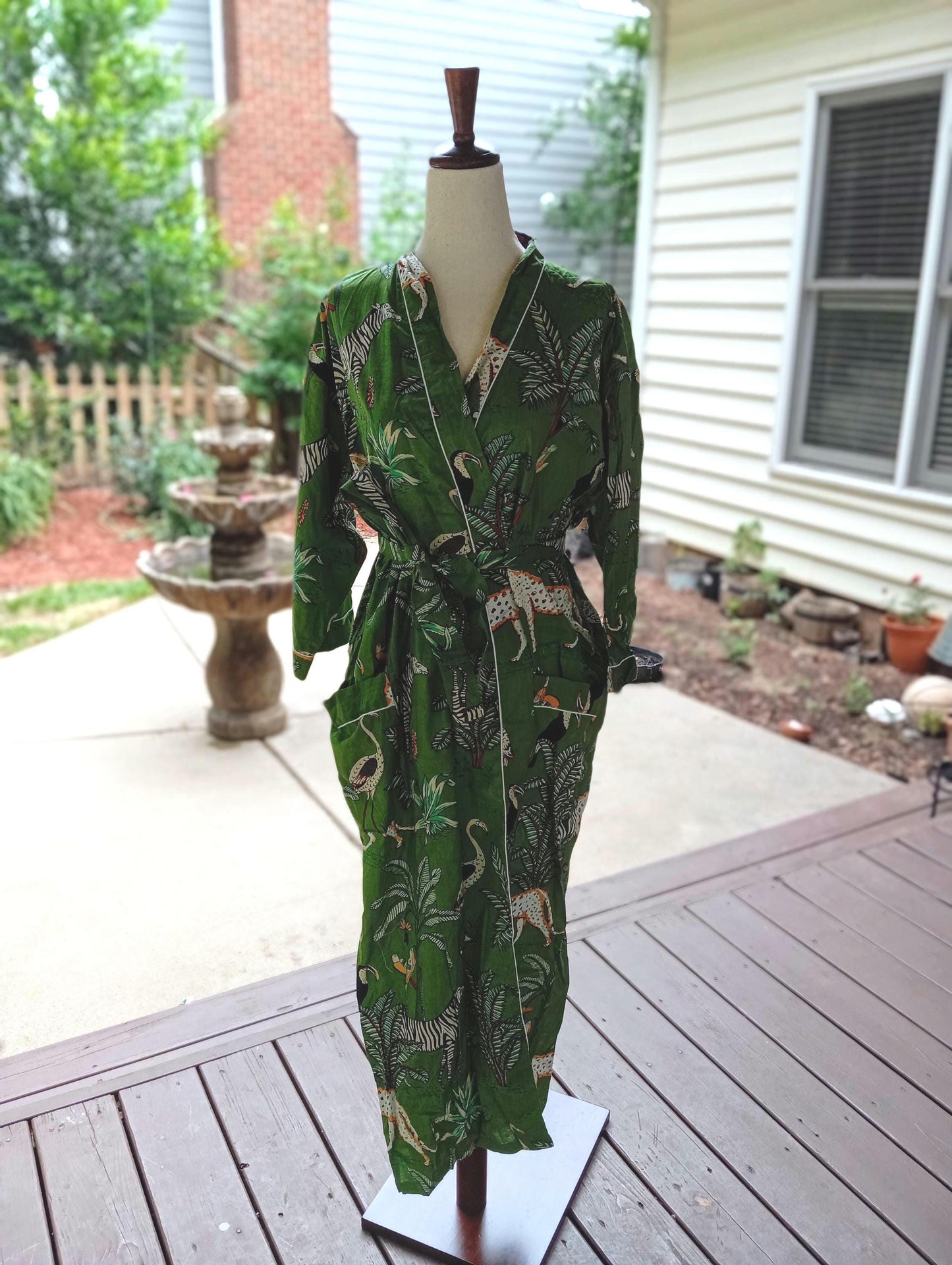 Tiger Pint Cotton Kimono Robe: Block Print Loungewear - Ankle Length