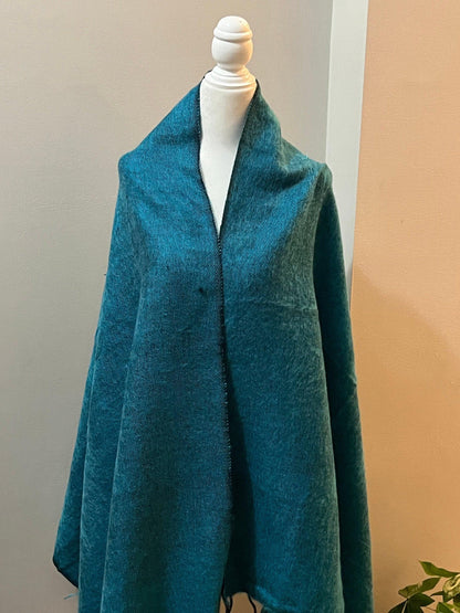 Teal Blue Yak Wool Scarf, Oversized Shawl, Made in Nepal