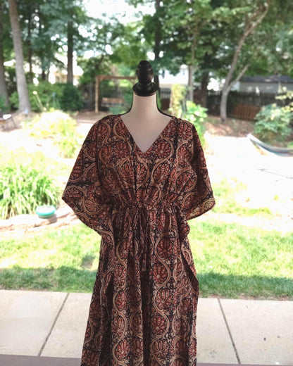 Black Print Cotton Kaftan, Floral Boho Loungewear
