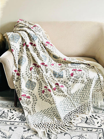 Designer blanket Red Floral Cotton bed Throw Blanket Couch Handmade Throw Home Decor Sofa throw Hand Loomed Unique Handmade gift