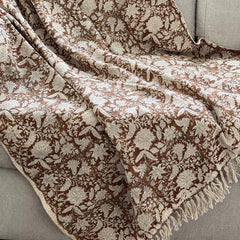 Brown floral throw blanket with tassels Boho home decor Hand block print sofa throw handmade throw for boho bed room decor Housewarming gift