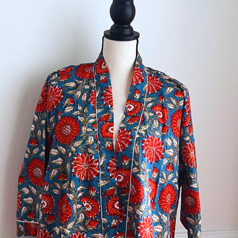 Pure Cotton robe, Indian Block printed House Robe Summer Kimono, red and Blue Floral Beach Coverup/Comfy Maternity wear, Gift for her